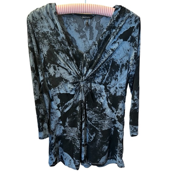 DAISY FUENTES Blue Black Marbled 3/4 Sleeves Womens Med Boho Baby Doll Y… - Picture 1 of 5